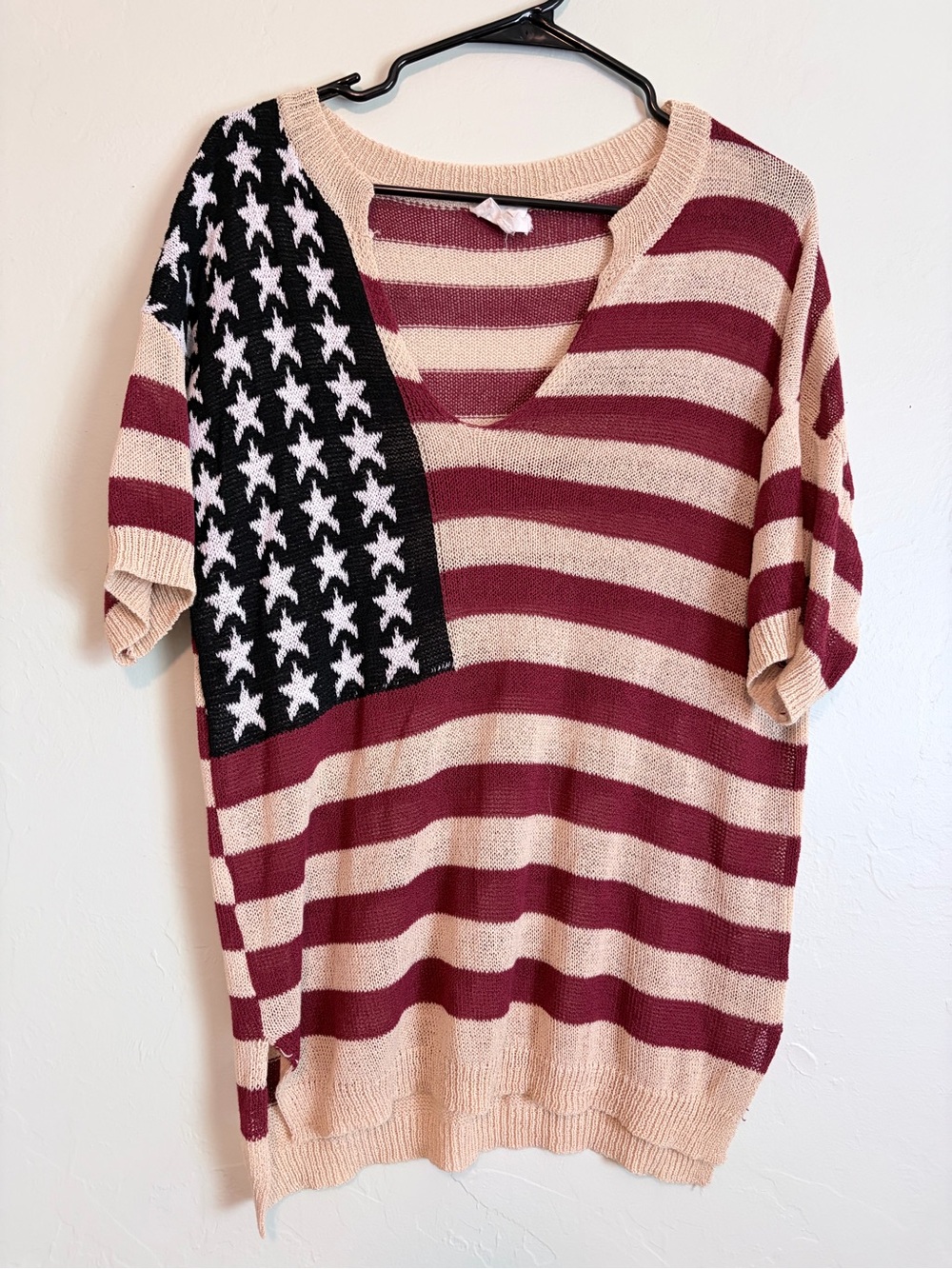 BiBi V-Neck Flag Stripe Knit Top in Burgundy and Cream with Black Star Panel